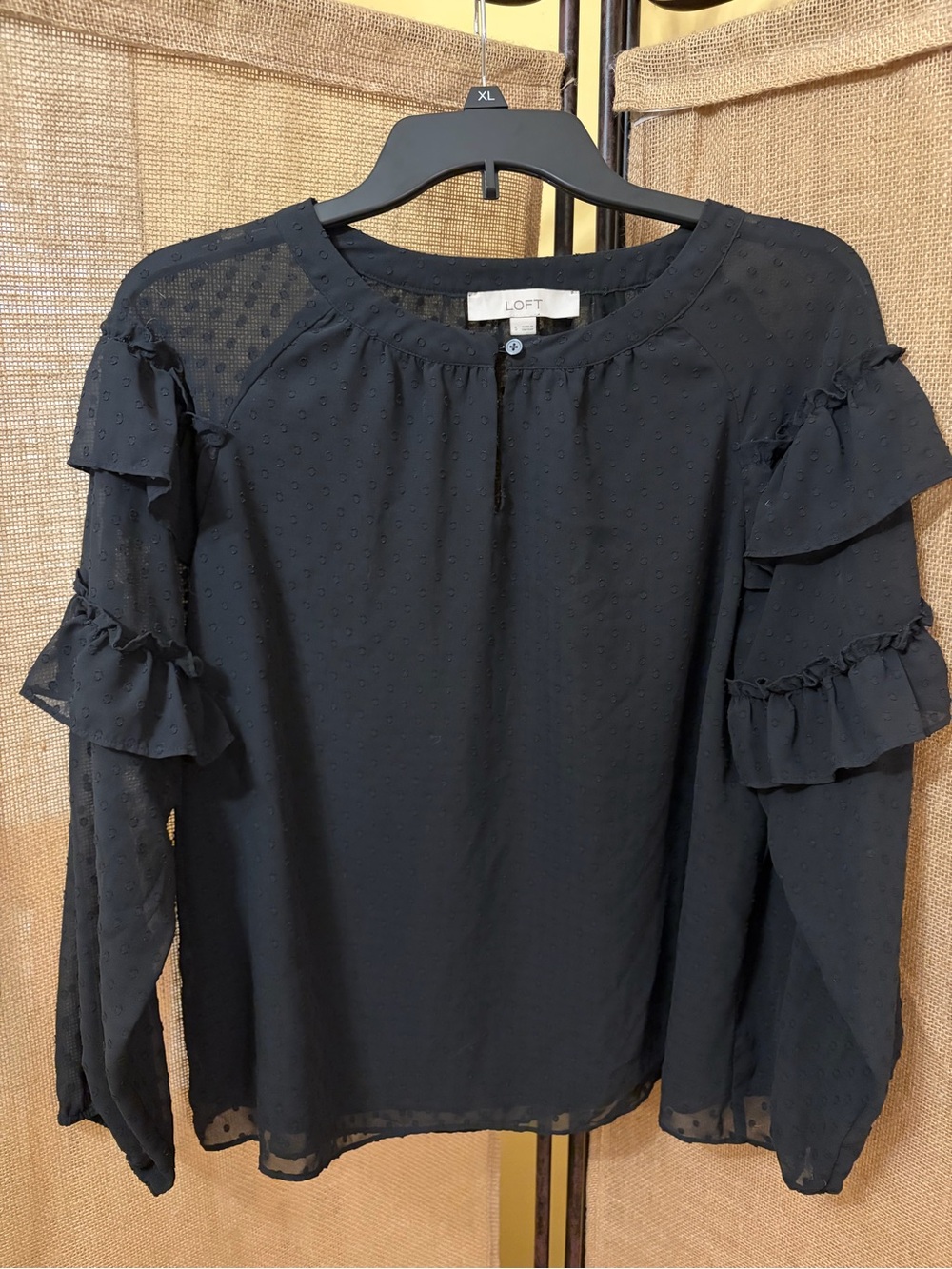 LOFT Black Ruffle Sleeve Swiss Dot Blouse